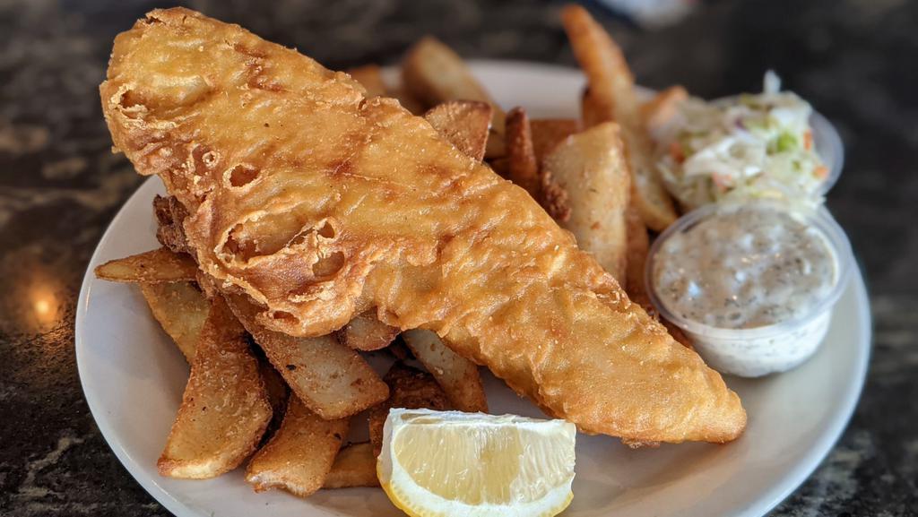 Yuengling Beer Battered Fish Fry · Atlantic Cod dredged in a Yuengling beer batter and fried, served with your choice of side, tartar, slaw and lemon wedge.