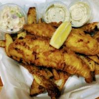 The Fish Fry · 2 battered fresh water perch fillets served with choice of side, lemon, slaw and tartar sauce