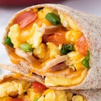 Healthy Request Breakfast Wrap · Three fluffy egg whites and sliced turkey breast in a gourmet whole wheat wrap.