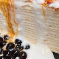 Boba Mille Crepe Cake · thin layers of pancakes with whipped cream in between.  this Mille Crepe Cake is not too swe...
