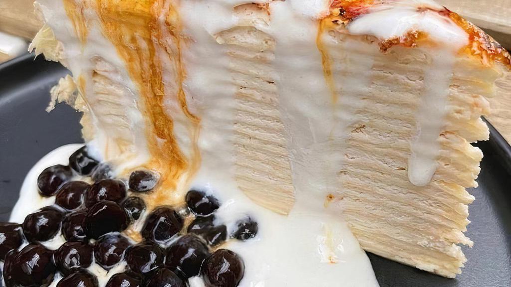 Boba Mille Crepe Cake · thin layers of pancakes with whipped cream in between.  this Mille Crepe Cake is not too sweet.