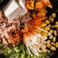 Gluten Free Kimchi Beef Ramen · Sliced fatty beef, kimchi, tofu, corn, green onions, enoki mushrooms, togarashi peppers, hot...