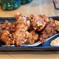 Chicken Karaage · Deep fried Japanese style chicken thigh, with lemon and spicy aioli sauce on the side