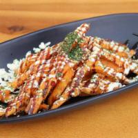 Sweet Potato Fries · Sweet potato fries topped with Japanese mayo, house made sauce and aonori