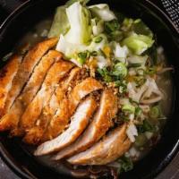 Grilled Chicken Ramen · Grilled chicken, black fungus, bean sprouts, bamboo shoot, corn, green onions in chicken pai...