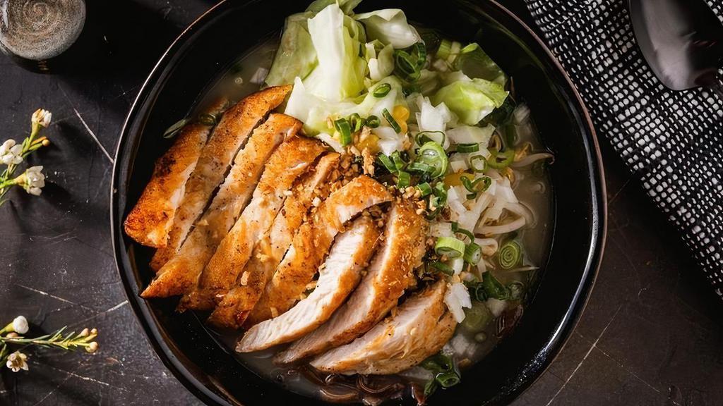 Grilled Chicken Ramen · Grilled chicken, black fungus, bean sprouts, bamboo shoot, corn, green onions in chicken paitan broth