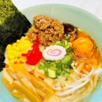 Spicy Minced Pork Ramen · Minced pork, fish cake, half cooked egg, bamboo shoots, bean sprouts, corn, pickled ginger, ...
