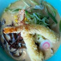 Shrimp Tempura Ramen · Shrimp tempura, fish cake, sliced cabbage, black fungus, corn, green onions, red chili peppe...