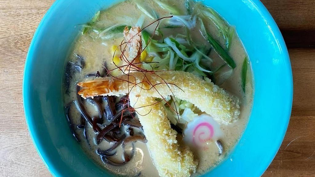 Shrimp Tempura Ramen · Shrimp tempura, fish cake, sliced cabbage, black fungus, corn, green onions, red chili pepper, hot oil in chicken paitan broth