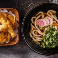 Shrimp Tempura Udon · Udon noodles, fish cake, green onions in shoyu bonito broth served with shrimp and vegetable...