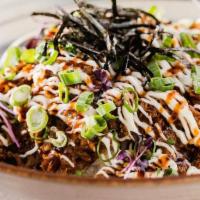 Chashu Donburi · Hand shredded chashu pork, Japanese mayo, chef special sauce, green onion, sesame rice seaso...