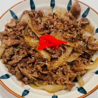 Beef Donburi · Sliced fatty beef and onions simmered in chef special sauce topped with nori and sesame seas...