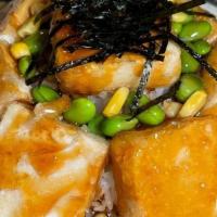 Tofu Teriyaki Donburi · Tofu tempura, edamame and corn topped with teriyaki sauce, and nori