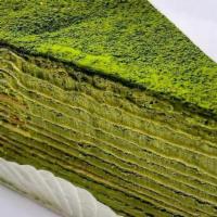 Matcha  Mille Crepe Cake · thin layers of pancakes with whipped cream in between.  this Mille Crepe Cake is not too swe...
