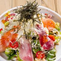 Mixed Sashimi Salad · Mixed sashimi (salmon, tuna, yellowtail, salmon roe) salad with wasabi dressing and mayo.