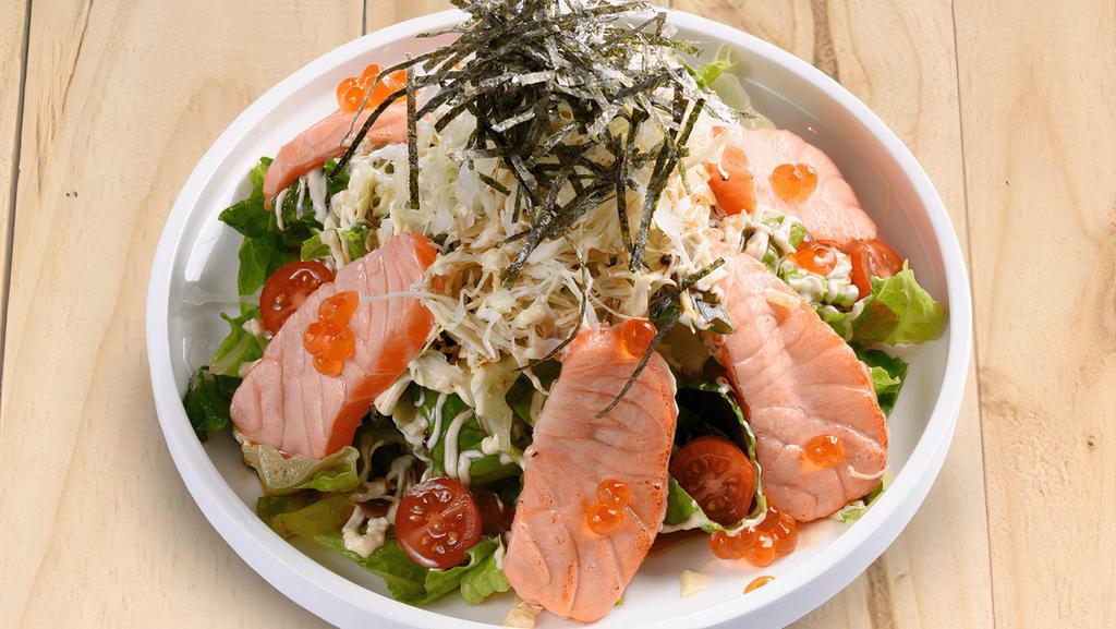 Aburi Salmon Salad · Seared salmon salad with wasabi dressing and mayo.