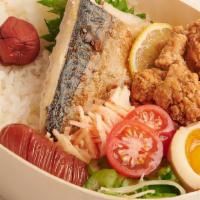 Shio Saba Bento · Grilled mackerel with sea salt, Japanese Berkshire pork sausage, deep-fried chicken, soft bo...