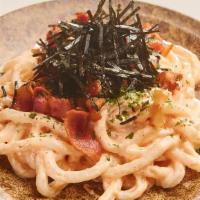 Creamy Mental Bacon Udon · Udon with creamy mayonnaise spicy cod roe and bacon.