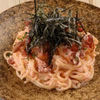 Creamy Mental Pasta · Spaghetti with creamy mayonnaise spicy cod roe and bacon.