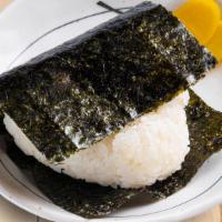 Salmon Onigiri · Lightly salted rice ball filled with cooked salmon wrapped in nori sheet.