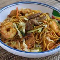 Beef Lo Mein · Served with pork egg roll.