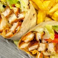 Buffalo Chicken Wrap · Buffalo chicken with lettuce, tomato on a wrap with a side of blue cheese dressing. Served w...