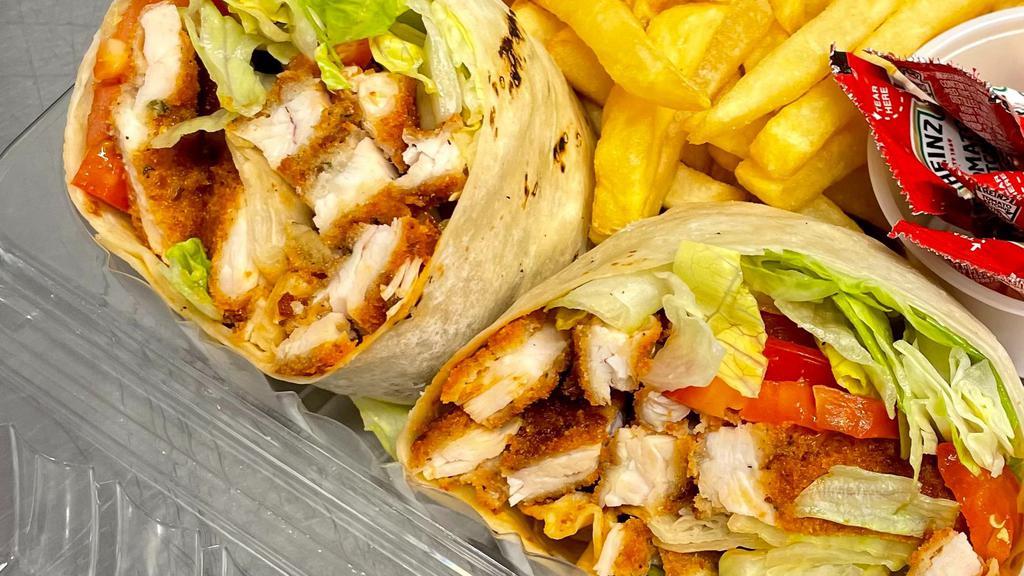 Buffalo Chicken Wrap · Buffalo chicken with lettuce, tomato on a wrap with a side of blue cheese dressing. Served with french fries.