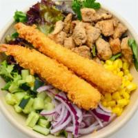 Shrimp Tempura & Teriyaki Chicken · Shrimp tempura, teriyaki chicken, mixed greens, cucumber, corn, sweet onion, and ginger dres...
