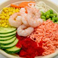 Shrimp & Crab Salad · Shrimp, crab salad, cucumber, edamame, corn, carrot, Hawaiian shoyu, and crispy onion.