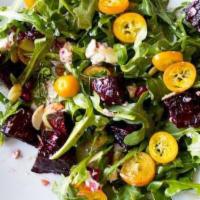 Sweetheart Beet Salad · Organic beets, mixed greens, tomatoes, cucumbers, carrots, pistachios nut allergy, feta chee...