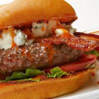 The Angry Burger · Topped with blue cheese, homemade buffalo sauce. 8 oz grass fed beef blend served with lettu...
