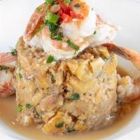 Shrimp Mofongo · Mashed green plantains with garlic, olive oil, and pork rinds. Gluten free.