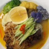 Pan Seared Sword Fish · Cauliflower, garlic mash potato, lemon caper sauce sauce.