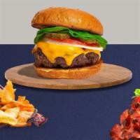 Cheese Burger · American beef patty topped with melted swiss cheese, lettuce, tomato, onion, and pickles. Se...