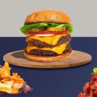 Double Burger · Two American beef patties topped with melted swiss cheese, lettuce, tomato, onion, and pickl...