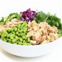 Shanghai Chicken Salad · Roasted chicken, edamame, scallions, almonds, cilantro, red cabbage, romaine perfectly paire...