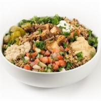 Chicken Shawarma · blackened chicken thigh, kale, hummus, baba ghanoush, pickles, israeli salad with greek yogu...