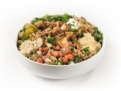Chicken Shawarma · blackened chicken thigh, kale, hummus, baba ghanoush, pickles, israeli salad with greek yogurt and tahini dressing