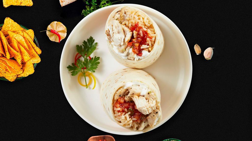 Chicken Burrito · Grilled chicken topped with sour cream, salsa, cheese, and spanish rice wrapped in a warm tortilla.