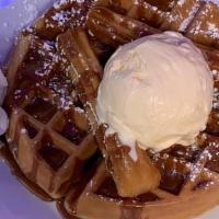 Churro Cinnamon Sauce Waffle · A waffle topped with a combination of creamy cinnamon sauce and our homemade churros.  Comes...