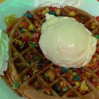 Fruity Pebbles Waffle · Yabba Dabba Doo!  A waffle topped with Fruity Pebbles® cereal and a caramel drizzle.  Comes ...