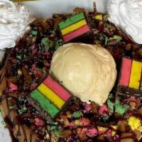 Rainbow Cookie Waffle · An Italian-treat inspired waffle topped with chocolatey, fruity pieces of Rainbow Cookies an...