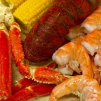 Combo D · 1 Cluster Snow Crab Legs, 1 pc Lobster Tail, 1/2 lb Shrimp (Head Off). Includes 2 Corn, and ...