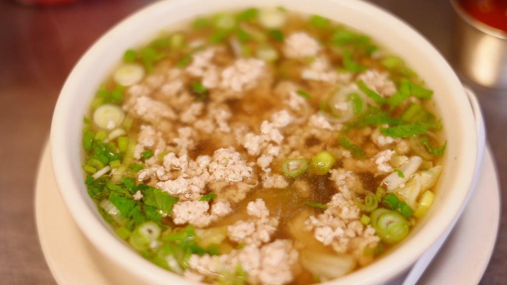 Minced Pork Soup · Gluten-free. Minced pork, Napa cabbage, and glass noodle in oxtail broth.