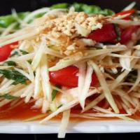 Papaya & Shrimp Salad · Gluten-free, spicy. With basil leaves, tomato in chili lime vinaigrette, with peanut, and fr...