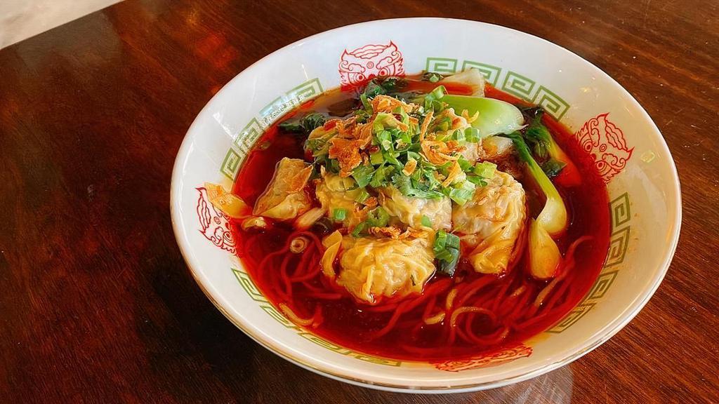 Wonton Noodle Soup - Braised · (Spicy) Fresh noodle with hearty braised beef broth, topped with house-made shrimp and pork wonton with water chestnut and veggies