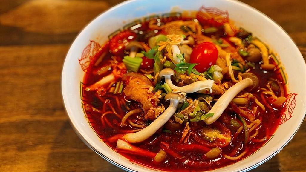 Mushroom Noodle Soup - Braised · (Spicy) Fresh noodle with spicy braised broth, topped with Shimeji mushroom, deep-fried tofu, plum tomato, and veggies