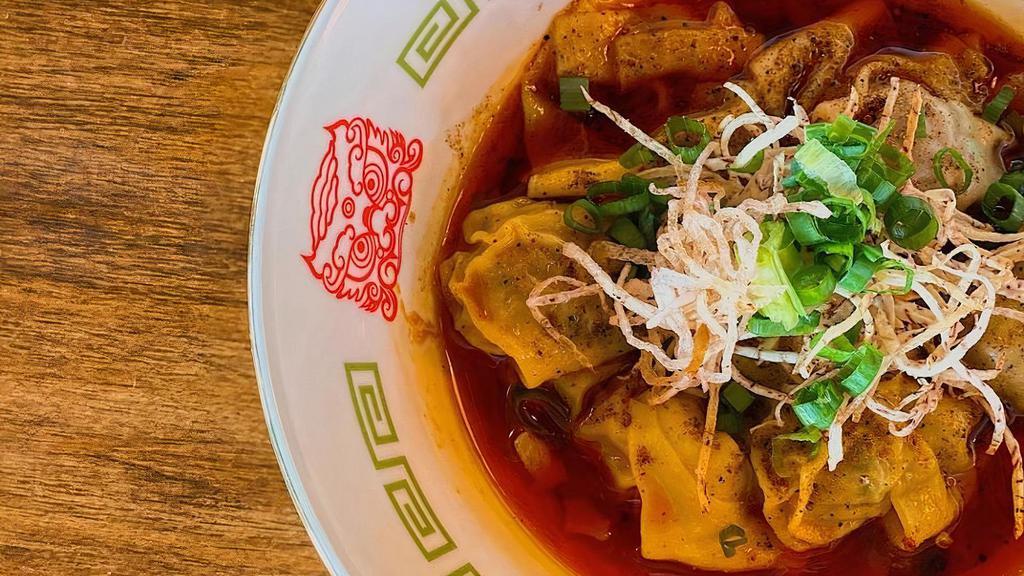Mala Wonton · (Spicy) House-made shrimp and pork wonton with water chestnut, shredded taro chips, cabbage, Sichuan peppercorns and Mala chili oil, spicy garlic sauce. (Numbing Spicy, Recommend to start with regular spicy)