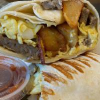 Southwest Breakfast Burrito · Scrambled eggs, Sausages, sautéed onions, Peppers, and home fries in toasted wrap.