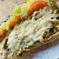 Chicken Cheesesteak Hoagie · Half pound of grilled chicken cheesesteak, mayo, lettuce, tomatoes, red onions, pickles and ...